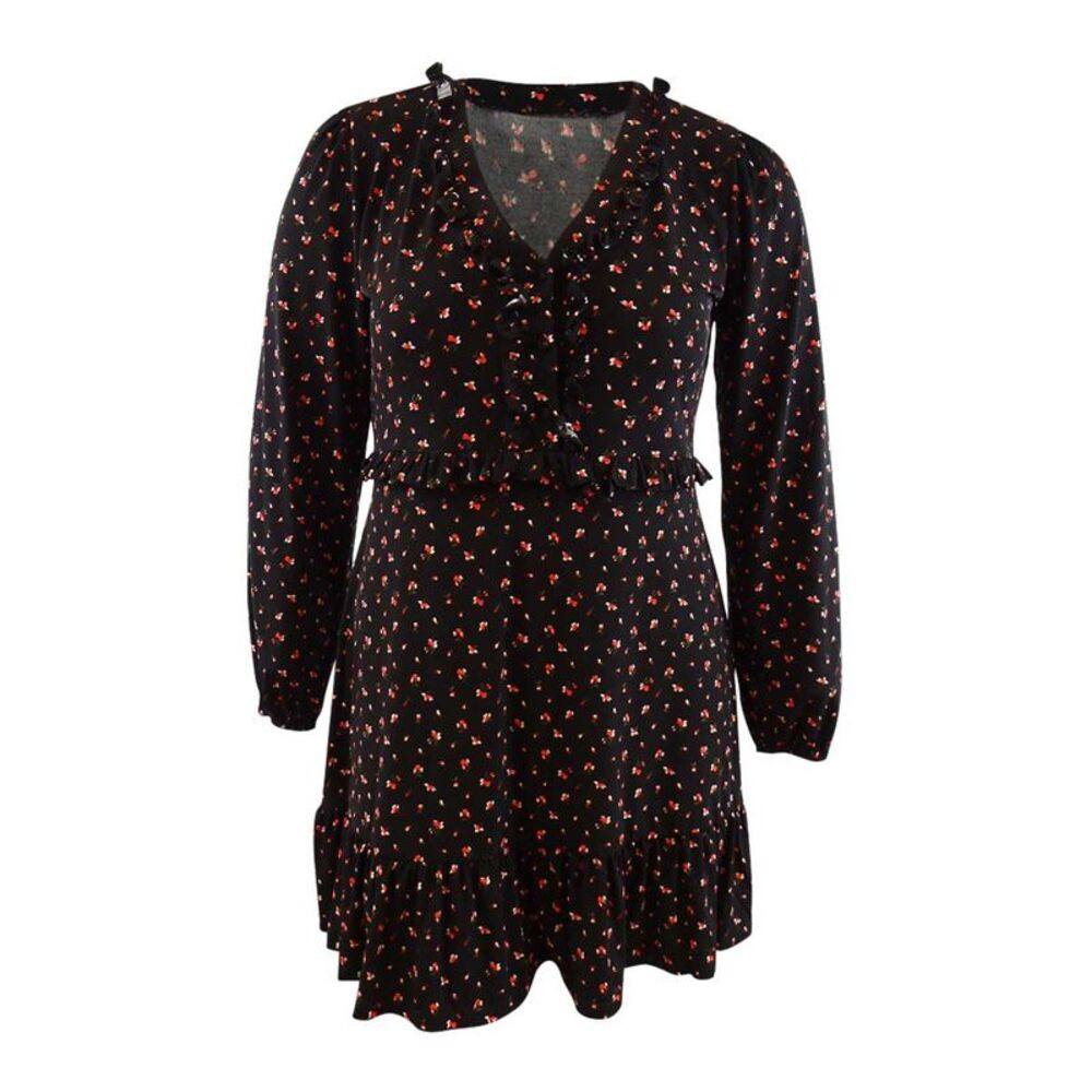 MICHAEL Michael Kors Women's Printed Ruffle-Trim Jersey Dress (L, Black/Sangria)